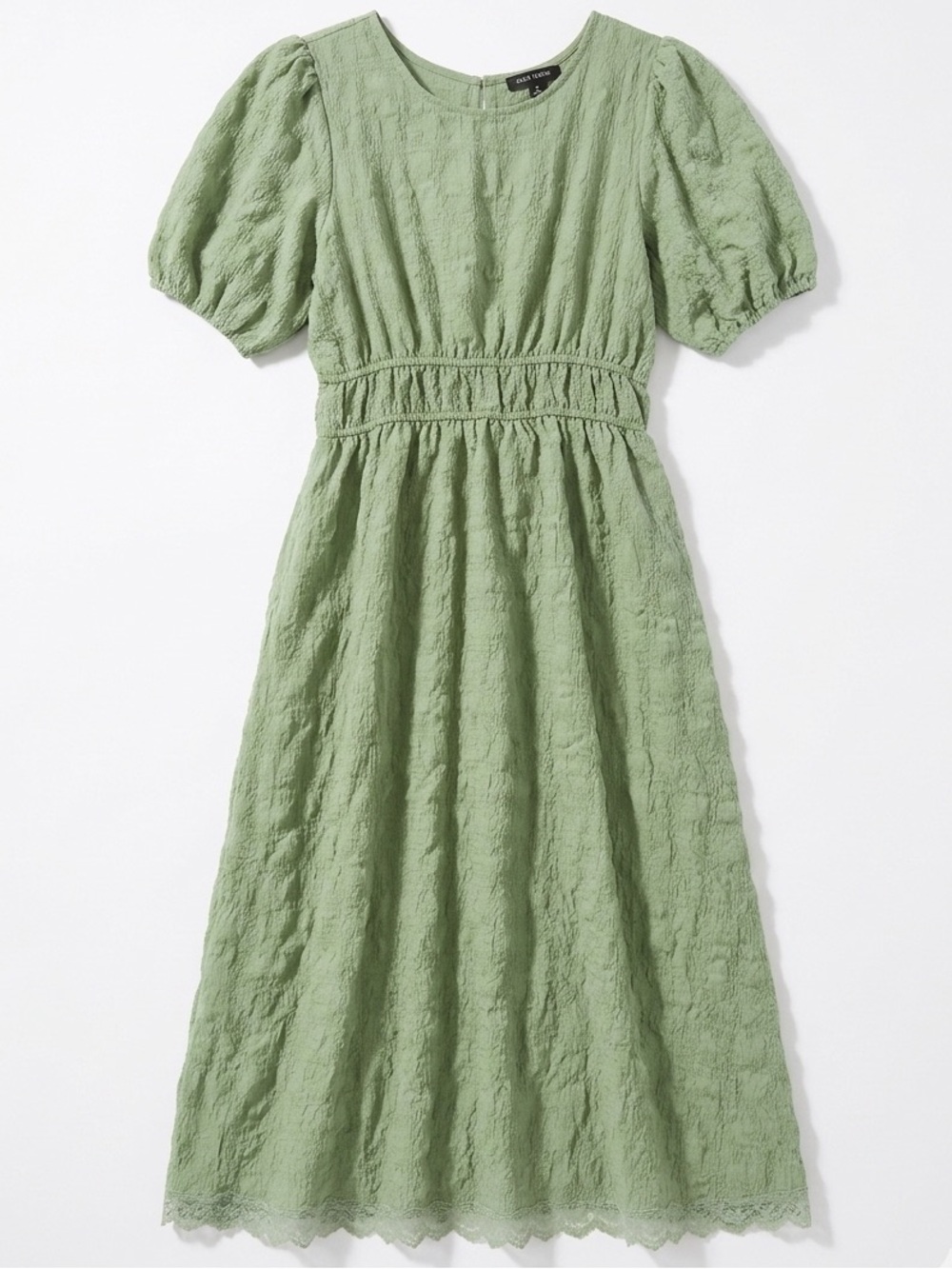 Ava Rose Smocked Waist Puff Sleeve Textured Midi Dress Sage Green L